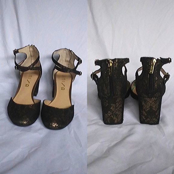 Black & Gold Floral Double Ankle Strap Block Heels - Picture 2 of 8